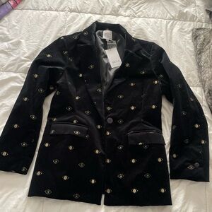 Misa Los Angeles Woman's Black Velvet Blazer With Gold Evil Eye Embrodiery SZ M